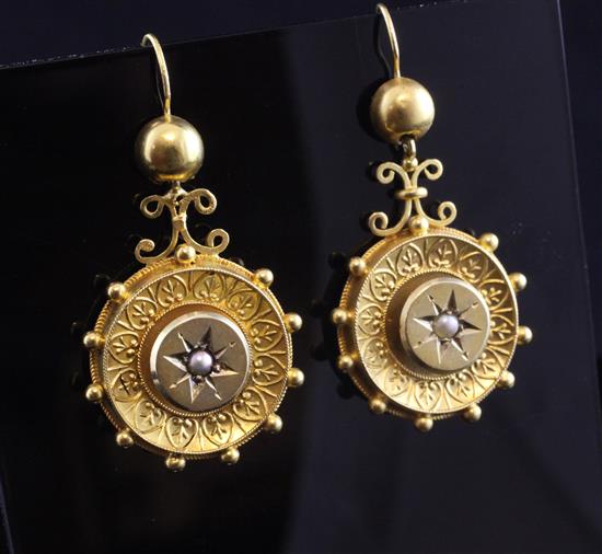 A pair of Victorian gold and seed pearl set drop earrings, 1.5in.